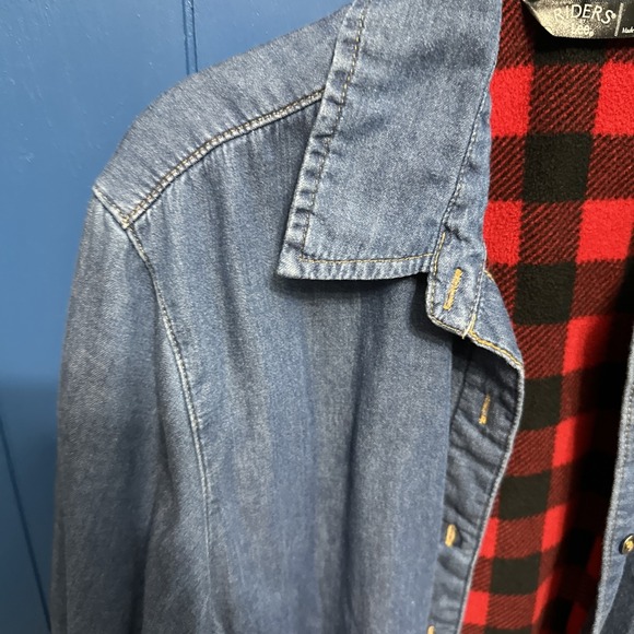 Riders Women's‎ Blue Button Up Buffalo Plaid Fleece Lining Size Med Cotton Shirt - Picture 3 of 12